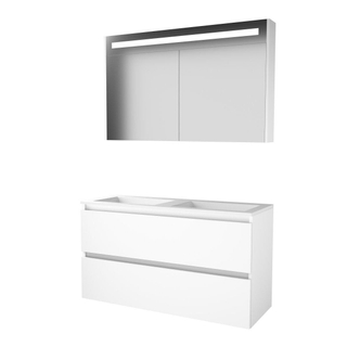 Basic-Line Premium 46 badkamermeubelset - 120x46cm - greeploos - 2 lades - acryl wastafel - 0 kraangaten - Spiegelkast - geintegreerde LED verlichting - MDF lak Ice White