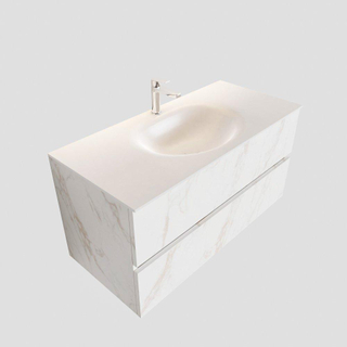 MONDIAZ VICA Badkamermeubelset - 100cm - 2 lades - wasbak Moon midden - 1 kraangat - solid surface carrara marmer