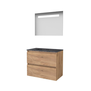 Basic-Line Economic 46 badkamermeubelset - 80x46cm - greeploos - 2 lades - hardsteen wastafel - 1 kraangat - Spiegel - geintegreerde LED verlichting - MFC Whisky Oak