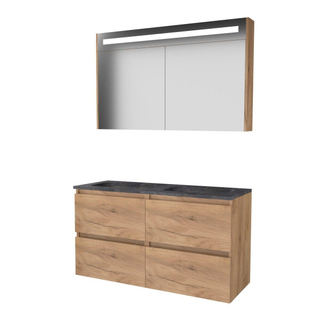 Basic-Line Premium 46 badkamermeubelset - 120x46cm - greeploos - 4 lades - hardsteen wastafel - 0 kraangaten - Spiegelkast - geintegreerde LED verlichting - MFC Whisky Oak