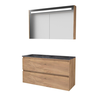 Basic-Line Premium 46 badkamermeubelset - 120x46cm - greeploos - 2 lades - hardsteen wastafel - 0 kraangaten - Spiegelkast - geintegreerde LED verlichting - MFC Whisky Oak