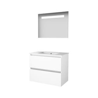 Basic-Line Economic 46 badkamermeubelset - 80x46cm - greeploos - 2 lades - porseleinen wastafel - 1 kraangat - Spiegel - geintegreerde LED verlichting - MDF lak Ice White