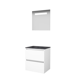 Basic-Line Economic 46 badkamermeubelset - 60x46cm - greeploos - 2 lades - hardsteen wastafel - 0 kraangaten - Spiegel - geintegreerde LED verlichting - MDF lak Ice White