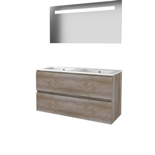 Basic-Line Economic 46 badkamermeubelset - 120x46cm - greeploos - 2 lades - porseleinen wastafel - 2 kraangaten - Spiegel - geintegreerde LED verlichting - MFC Scotch Oak