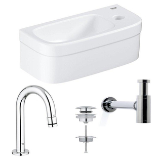 GROHE Euro fonteinset 37x18cm gebogen GROHE kraan Saniclass sifon afvoerplug Chroom Wit