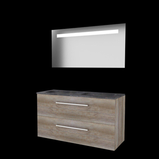 Basic-Line Economic 46 badkamermeubelset - 120x46cm - met grepen - 2 lades - hardsteen wastafel - 0 kraangaten - Spiegel - geintegreerde LED verlichting - MFC Scotch Oak