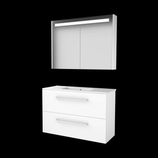 Basic-Line Premium 39 badkamermeubelset - 100x39cm - met grepen - 2 lades - porseleinen wastafel - 1 kraangat - Spiegelkast - geintegreerde LED verlichting - MDF lak Ice White