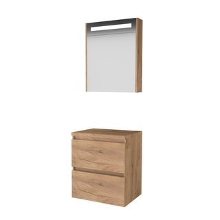 Basic-Line Premium 46 badkamermeubelset - 60x46cm - greeploos - 2 lades - wastafelblad - Spiegelkast - geintegreerde LED verlichting - MFC Whisky Oak