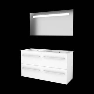 Basic-Line Economic 46 badkamermeubelset - 120x46cm - met grepen - 4 lades - porseleinen wastafel - 2 kraangaten - Spiegel - geintegreerde LED verlichting - MDF lak Ice White