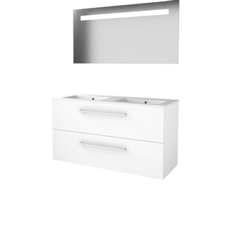 Basic-Line Economic 46 badkamermeubelset - 120x46cm - met grepen - 2 lades - porseleinen wastafel - 2 kraangaten - Spiegel - geintegreerde LED verlichting - MDF lak Ice White