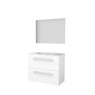 Basic-Line Ultimate 39 badkamermeubelset - 80x39cm - met grepen - 2 lades - porseleinen wastafel - 1 kraangat - Spiegel - verlichting MDF lak Ice White