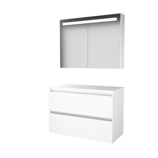 Basic-Line Premium 46 badkamermeubelset - 100x46cm - greeploos - 2 lades - wastafelblad - Spiegelkast - geintegreerde LED verlichting - MDF lak Ice White