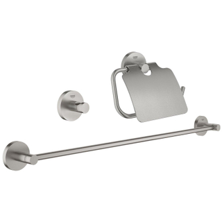 GROHE Essentials Toilet accessoireset 3-delig met toiletborstelhouder, handdoekhaak en toiletrolhouder met klep super steel