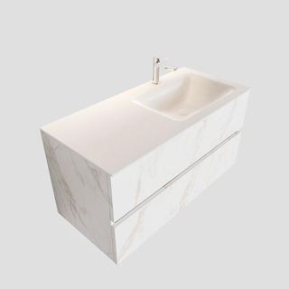 MONDIAZ VICA Badkamermeubelset - 100cm - 2 lades - wasbak Cloud rechts - 1 kraangat - solid surface carrara marmer