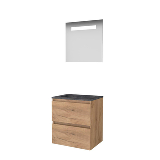 Basic-Line Economic 46 badkamermeubelset - 60x46cm - greeploos - 2 lades - hardsteen wastafel - 0 kraangaten - Spiegel - geintegreerde LED verlichting - MFC Whisky Oak