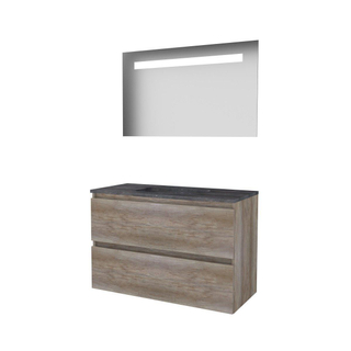 Basic-Line Economic 46 badkamermeubelset - 100x46cm - greeploos - 2 lades - hardsteen wastafel - 0 kraangaten - Spiegel - geintegreerde LED verlichting - MFC Scotch Oak