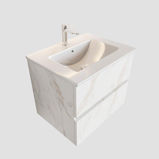 MONDIAZ VICA Badkamermeubelset - 60cm - 2 lades - wasbak Denia midden - 1 kraangat - solid surface carrara marmer