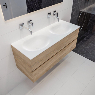 MONDIAZ VICA Badkamermeubelset - 120cm - 2 lades - wasbak Moon dubbel - 0 kraangaten - solid surface washed oak