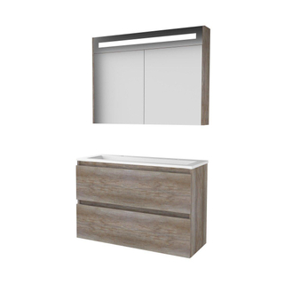 Basic-Line Premium 39 badkamermeubelset - 100x39cm - greeploos - 2 lades - acryl wastafel - 2 kraangaten - Spiegelkast - geintegreerde LED verlichting - MFC Scotch Oak