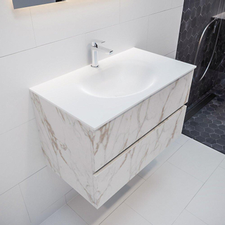 MONDIAZ VICA Badkamermeubelset - 80cm - 2 lades - wasbak Moon midden - 1 kraangat - solid surface carrara marmer