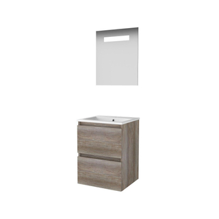 Basic-Line Economic 46 badkamermeubelset - 50x46cm - greeploos - 2 lades - porseleinen wastafel - 1 kraangat - Spiegel - geintegreerde LED verlichting - MFC Scotch Oak