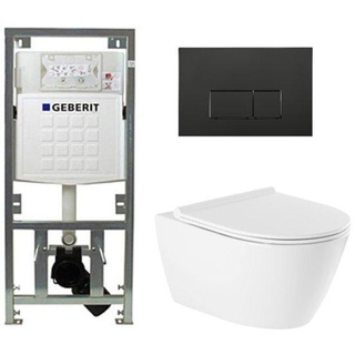 QeramiQ Salina rimless toiletset met Geberit inbouwreservoir diepspoel wandcloset wit softclose en quickrelease zitting bedieningspaneel met rechthoekige knoppen mat zwart