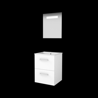 Basic-Line Economic 46 badkamermeubelset - 50x46cm - met grepen - 2 lades - porseleinen wastafel - 1 kraangat - Spiegel - geintegreerde LED verlichting - MDF lak Ice White