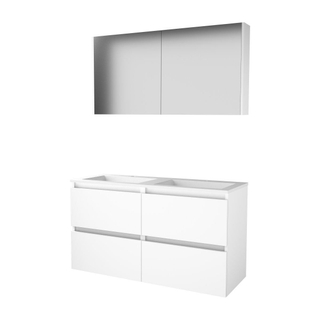 Basic-Line Comfort 46 badkamermeubelset - 120x46cm - greeploos - 4 lades - acryl wastafel - 2 kraangaten - Spiegelkast - MDF lak Ice White