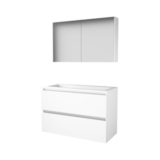 Basic-Line Comfort 46 badkamermeubelset - 100x46cm - greeploos - 2 lades - acryl wastafel - 1 kraangat - Spiegelkast - MDF lak Ice White