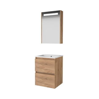 Basic-Line Premium 46 badkamermeubelset - 50x46cm - greeploos - 2 lades - porseleinen wastafel - 1 kraangat - Spiegelkast - geintegreerde LED verlichting - MFC Whisky Oak