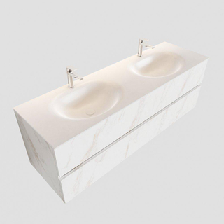 MONDIAZ VICA Badkamermeubelset - 150cm - 2 lades - wasbak Moon dubbel - 2 kraangaten - solid surface carrara marmer