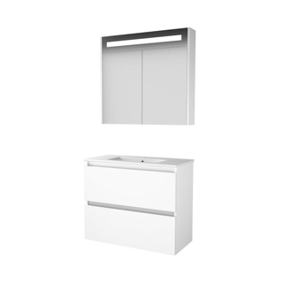 Basic-Line Premium 39 badkamermeubelset - 80x39cm - greeploos - 2 lades - porseleinen wastafel - 1 kraangat - Spiegelkast - geintegreerde LED verlichting - MDF lak Ice White