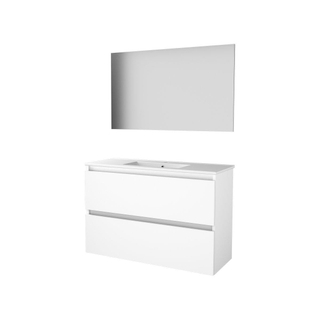 Basic-Line Basic 39 badkamermeubelset - 100x39cm - greeploos - 2 lades - porseleinen wastafel - 1 kraangat - Spiegel - MDF lak Ice White