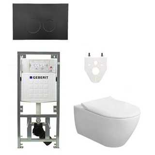 Villeroy en Boch Subway 2.0 DirectFlush CeramicPlus toiletset slimseat zitting met Geberit reservoir en bedieningsplaat met ronde knoppen mat zwart