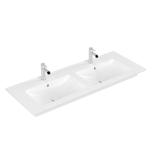 Villeroy en Boch Venticello meubelwastafel dubbel met 2 kraangaten doorgestoken 130x50cm (geschikt voor 2x3 kraangaten) met overloop ceramic+ wit