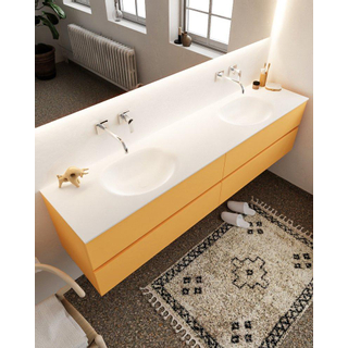 MONDIAZ VICA Badkamermeubelset - 200cm - 4 lades - wasbak Moon dubbel - 0 kraangaten - solid surface ocher