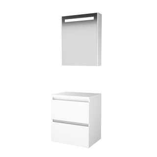 Basic-Line Premium 46 badkamermeubelset - 60x46cm - greeploos - 2 lades - wastafelblad - Spiegelkast - geintegreerde LED verlichting - MDF lak Ice White