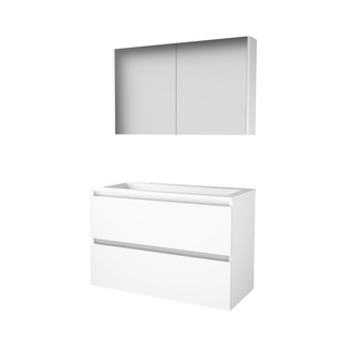 Basic-Line Comfort 46 badkamermeubelset - 100x46cm - greeploos - 2 lades - acryl wastafel - 2 kraangaten - Spiegelkast - MDF lak Ice White