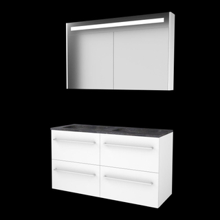 Basic-Line Premium 46 badkamermeubelset - 120x46cm - met grepen - 4 lades - hardsteen wastafel - 2 kraangaten - Spiegelkast - geintegreerde LED verlichting - MDF lak Ice White