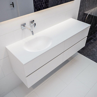 MONDIAZ VICA Badkamermeubelset - 150cm - 4 lades - wasbak Moon links - 0 kraangaten - solid surface talc