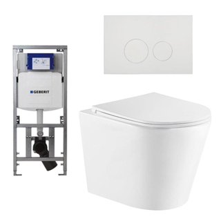 QeramiQ Dely toiletset met diepspoel rimless toilet 36.3x51.7 met Geberit UP320 inbouwreservoir softclose zitting mat wit en mat witte bedieningsplaat met ronde knoppen