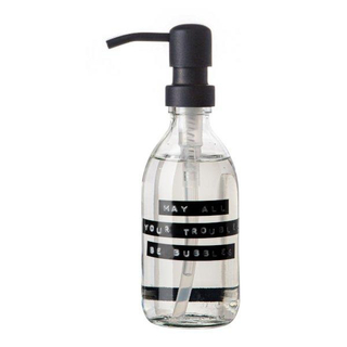 Wellmark Handzeep helder glas zwarte pomp 250ml tekst MAY ALL YOUR TROUBLES BE BUBBLES