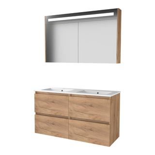 Basic-Line Premium 46 badkamermeubelset - 120x46cm - greeploos - 4 lades - porseleinen wastafel - 2 kraangaten - Spiegelkast - geintegreerde LED verlichting - MFC Whisky Oak