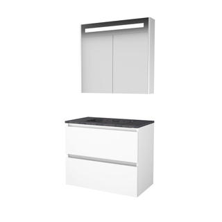 Basic-Line Premium 46 badkamermeubelset - 80x46cm - greeploos - 2 lades - hardsteen wastafel - 0 kraangaten - Spiegelkast - geintegreerde LED verlichting - MDF lak Ice White