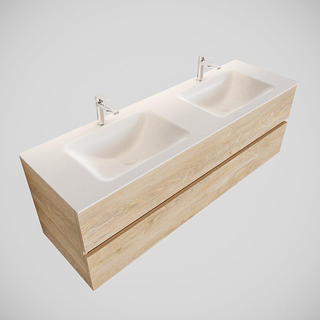 MONDIAZ VICA Badkamermeubelset - 150cm - 2 lades - wasbak Cloud dubbel - 2 kraangaten - solid surface washed oak