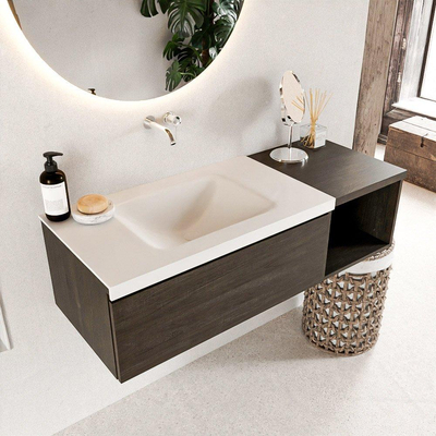 MONDIAZ BUKLA 120cm badmeubel met open module 40 kleur Dark Brown met 1 lade. Wastafel CLOUD links 0 kraangaten kleur Talc.