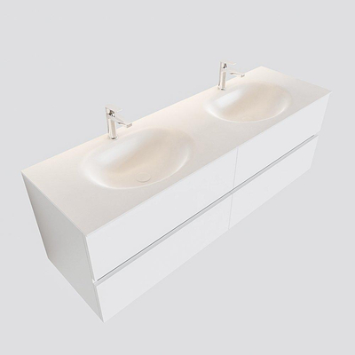 MONDIAZ VICA Badkamermeubelset - 150cm - 4 lades - wasbak Moon dubbel - 2 kraangaten - solid surface talc