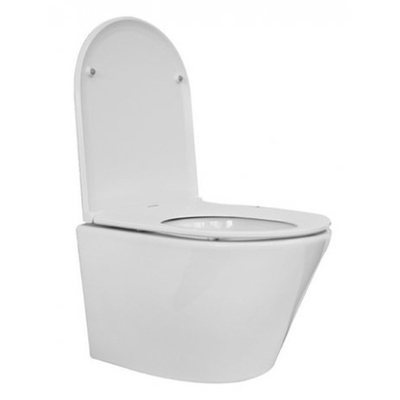 Wiesbaden Vesta junior wandcloset rimless verkort met Flatline toiletzitting softclose en quick release glans wit