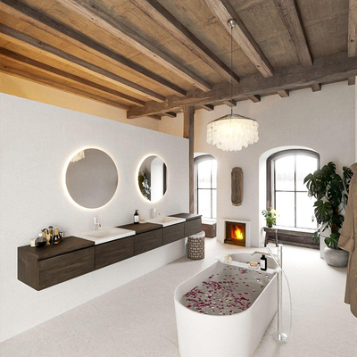 MONDIAZ BUKLA 300cm badmeubel met module 60 kleur Dark Brown met 5 lades. Wastafel CLOUD dubbel 2 kraangaten kleur Talc.