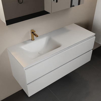 Mondiaz Aivy badmeubelset - 120x45x50cm - 1 kraangat - 1 wasbak talc Solid surface - Links - 2 lades - Met spiegelkast - MDF Talc